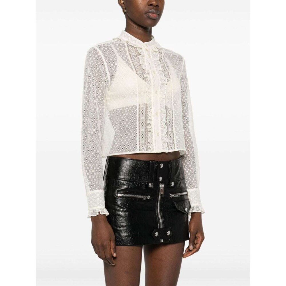 CELINE Ivory Cotton Lace ROMY Eyelet Sheer Ruffled Cropped Shirt Top 38 / 6